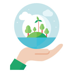 Human Hand Holding a Transparent Globe with Miniature Forests and Wind Turbines Inside, Symbolizing Sustainability and Environmental Care in Flat Vector Style
