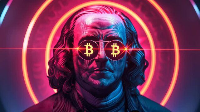 president benjamin franklin with bitcoin eyes, cryptocurrency versus traditional money, crypto and blockchain concept 4k