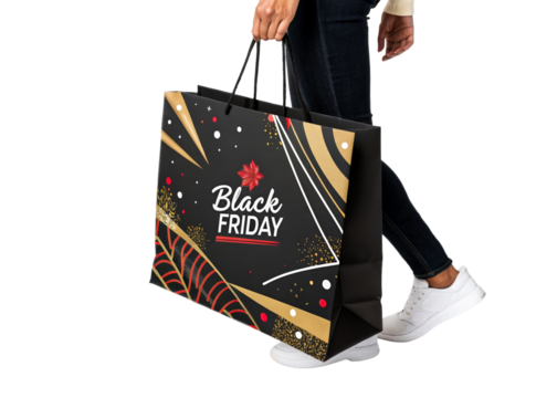 Person carrying black shopping bag with "Black Friday" text