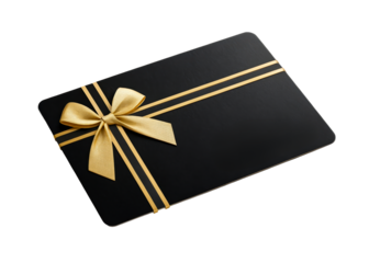 Black gift card with golden ribbon and bow