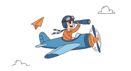 Young pilot flying a vintage airplane with a spyglass.

