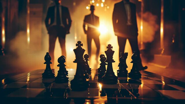 corporate business team competition and strategy concept, industrial espionage and business wars concept, businessman people playing chess tactics 4k