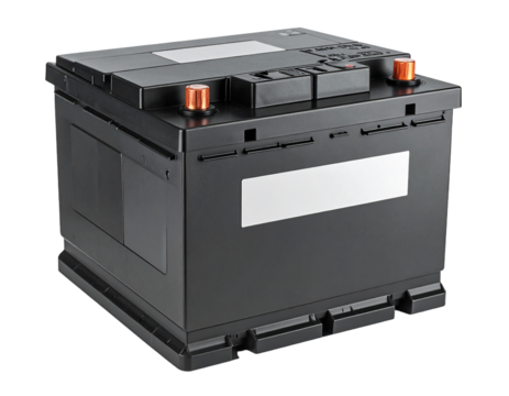 Isolated square dark container with a label on a transparent background