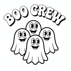Cute cartoon ghosts forming a boo crew with happy faces and spooky text