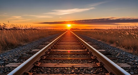 Railway tracks stretch into the distance at beautiful sunset horizon