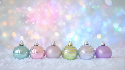 Pastel christmas ornaments arranged in snow with soft bokeh lights create a peaceful festive scene full of color, elegance, and winter holiday charm.