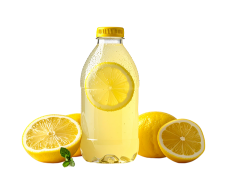 Lemonade bottle with ripe lemons on transparent background refreshing citrus concept - Powered by Adobe