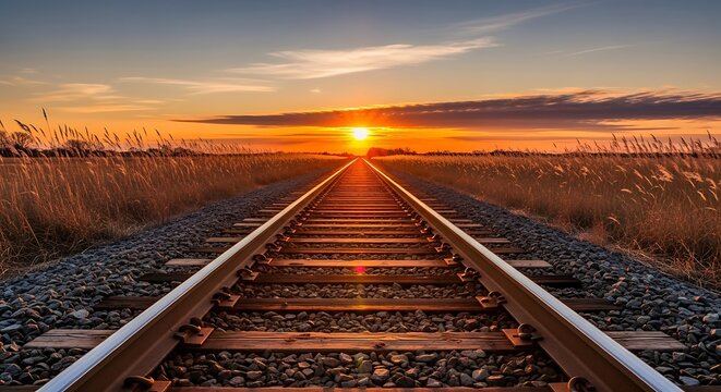 Railway tracks stretch into the distance at beautiful sunset horizon
