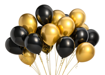 Black and gold balloons clustered together on white background