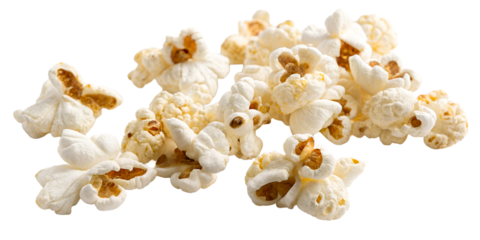 Heap of freshly popped popcorn on a white surface