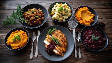 Dinner spread featuring a variety of dishes including chicken, mashed potatoes, sweet potatoes, and cranberry sauce served on a wooden table