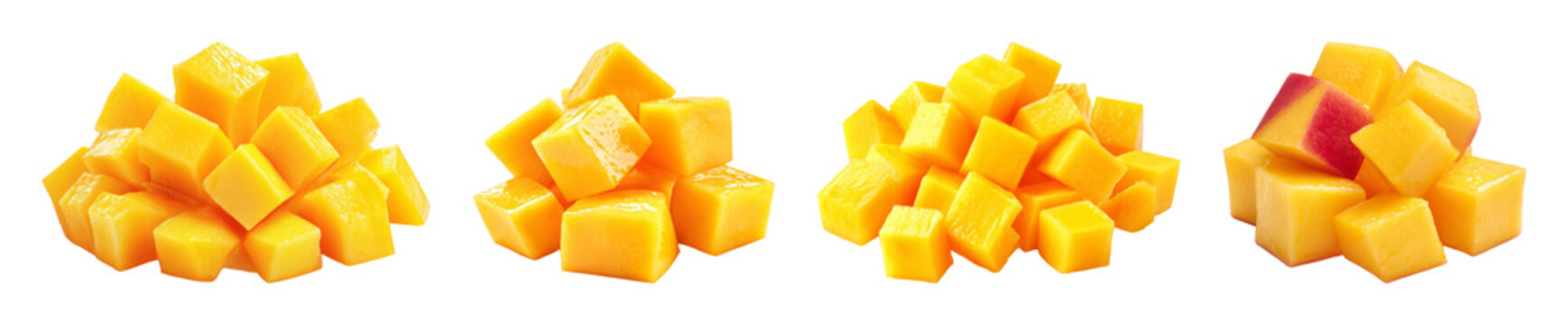 Vibrant diced mango cubes, juicy tropical fruit pieces, bright yellow orange fresh sweet slices, isolated on black PNG set with transparent background