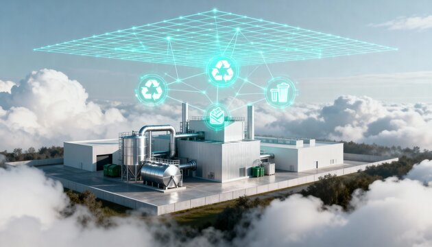 Sustainable tech solutions for waste management industrial park digital innovations cloud environment futuristic view
