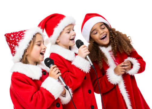 Three cheerful children in Santa costumes singing into microphones - Powered by Adobe