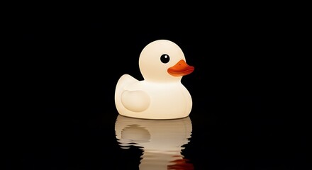 Rubber duck illuminated on black background reflecting in water surface