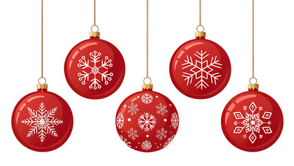 Five red Christmas baubles with white snowflake designs
