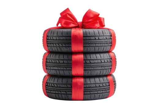High quality photo of a stack of tires wrapped as a gift with red ribbon isolated on transparent background