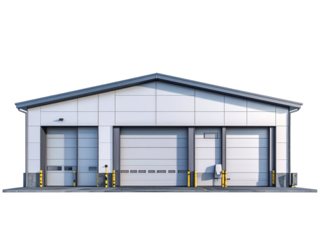 Modern warehouse or industrial building architectural render with transparent background - Powered by Adobe