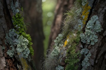 Obraz premium Close-up of textured tree bark with moss and a tiny orange creature in a deep crevice