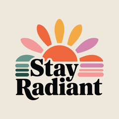 Flat design t-shirt with pastel geometric shapes and abstract sun rays, Stay Radiant text in modern aesthetic typography, clean minimalist vector style on white background