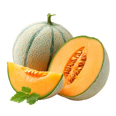 Fresh Whole Cantaloupe and Slice Isolated on White Background