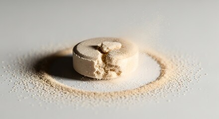 Single Round Tablet with Bite Taken Isolated on White Background Close Up