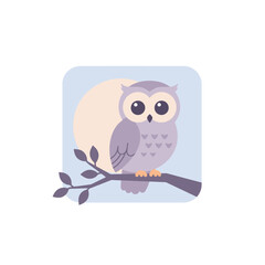 Flat Illustration Calm Owl Sitting on Branch with Moon Background