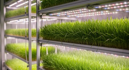 Fototapeta premium Medium shot of vertical wheat farming racks with vibrant green wheat shoots under energyefficient LED lighting in a controlled indoor environment.