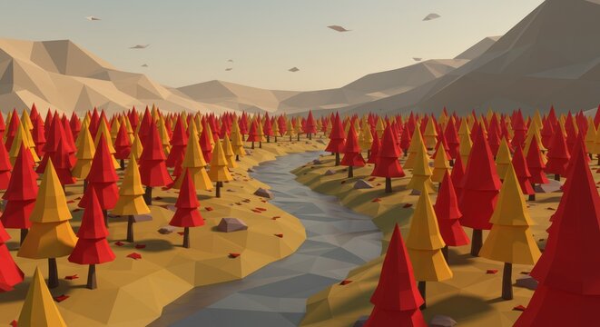 Autumnal forest landscape with river, hills and polygon trees
