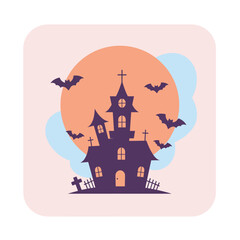 Spooky Flat Style Haunted House with Bats and Moon Illustration
