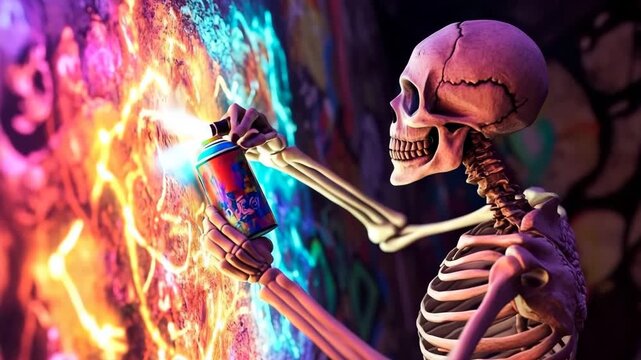 Skeleton creates colorful graffiti while holding a spray paint can in an urban setting at night