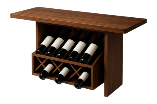 A bar table featuring a built-in wine rack, perfect for home entertainment spaces.