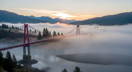 Spectacular sunrise scene over mountain landscape with fog and bridge