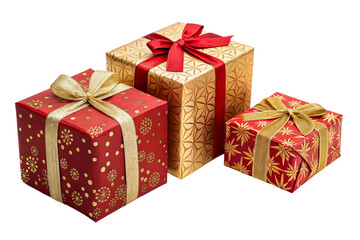 Three decorated gift boxes with gold ribbon ties
