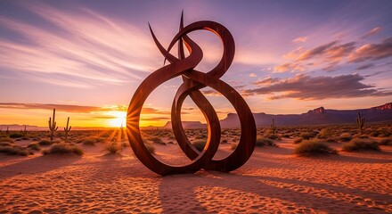 Spectacular sunset in Arizona desert with sculpture and cactus landscape