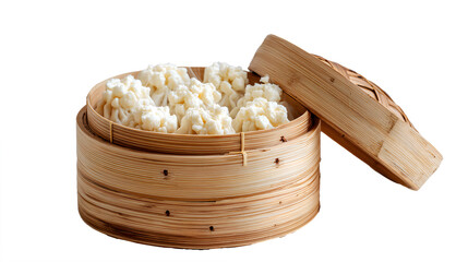 Steamed buns in bamboo steamer on white background