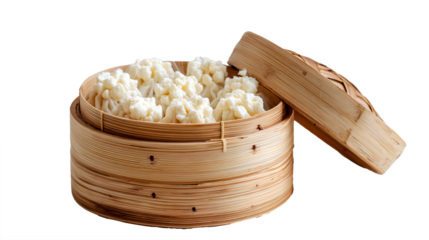 Steamed buns in bamboo steamer on white background