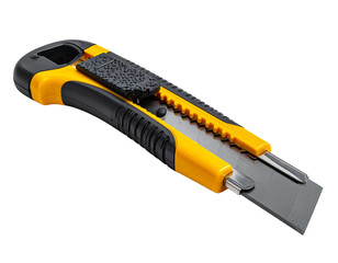 Utility knife with yellow and black details isolated on transparent background
