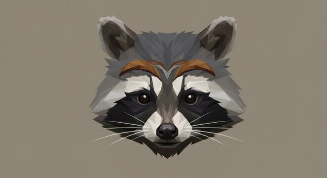 Geometric raccoon face on neutral background, polygon illustration