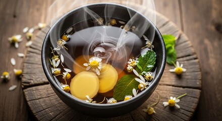 Steaming cup of herbal tea with chamomile and ginger slices