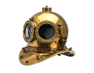 Vintage brass diving helmet on transparent background