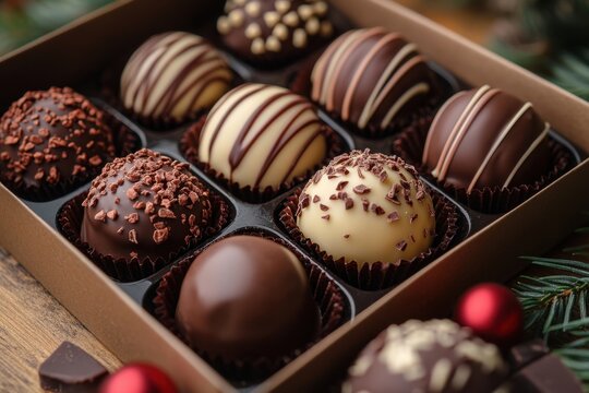 Box of chocolates adorned with Christmas decorations.