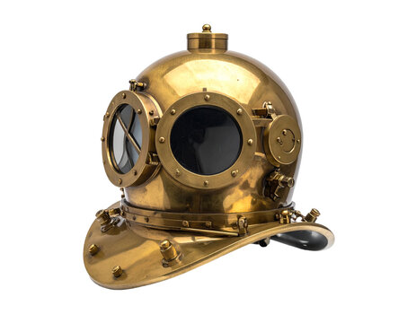 Vintage brass diving helmet on transparent background