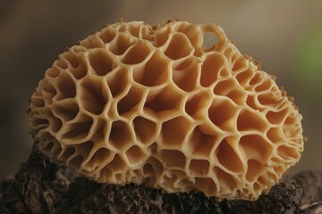 Detailed cross section of a morel mushroom revealing intricate honeycomb structure close-up
