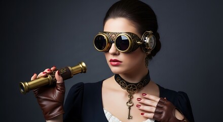 Steampunk Woman with Goggles and Spyglass on Dark Background Portrait