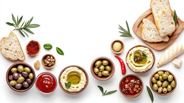 Assorted Mediterranean appetizers and dips including hummus, olives, bread, vegetables, and herbs arranged on a white surface for a tasty healthy snack display - Powered by Adobe