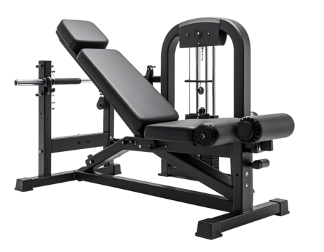 Weight bench and equipment for physical training isolated on transparent background