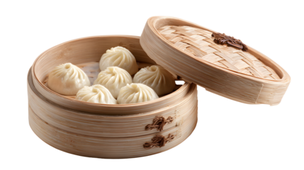 Steamed buns in bamboo steamer on white background