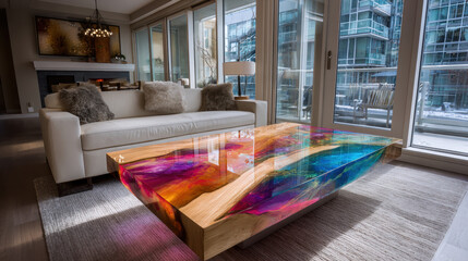 Contemporary living space with abstract epoxy resin river table, polished wood and bright colors