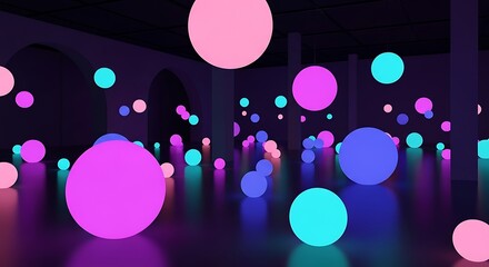 Surreal Glowing Spheres in a Dark Geometric Interior Design